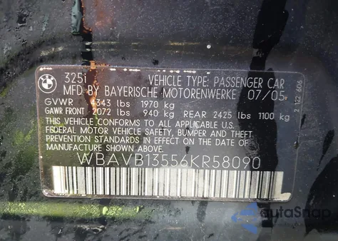 2006 BMW 325I z USA, uszkodzony, nr VIN WBAVB13556KR58090